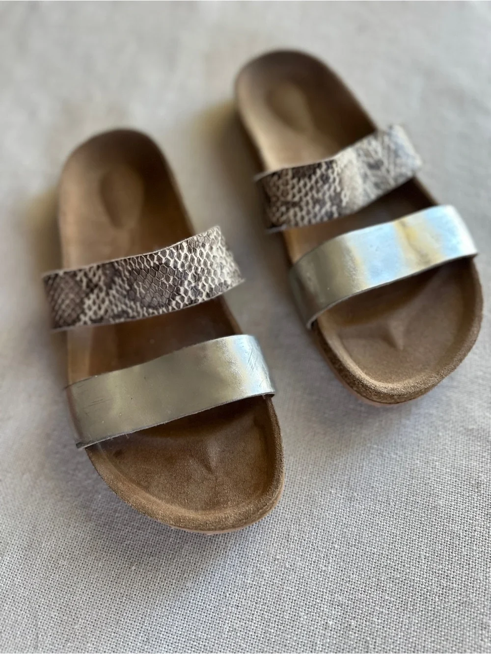 Loeffler Randall Paz Two-Strap Snakeskin & Metallic Slide Sandals | 8